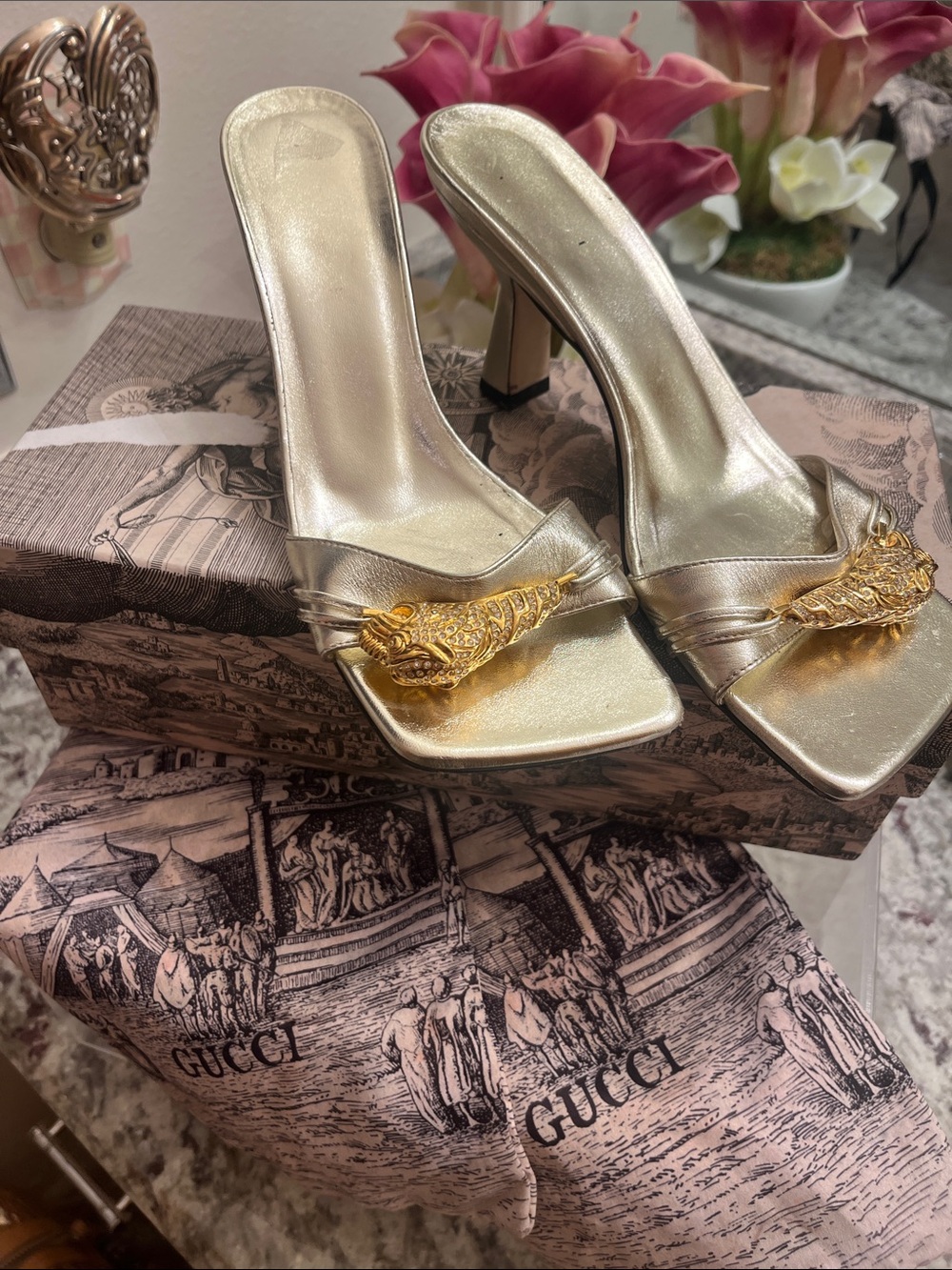 Gucci Metallic Gold Leather Square-Toe Heeled Slides with Gold Tiger Detail